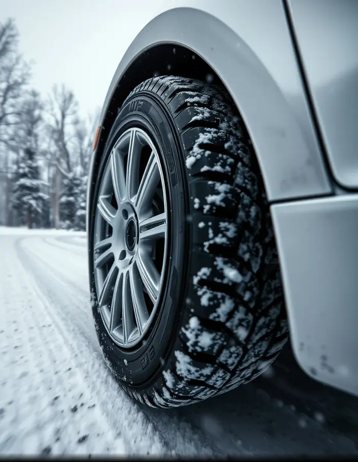 Gros plan sur un pneu de voiture roulant sur une route enneigée