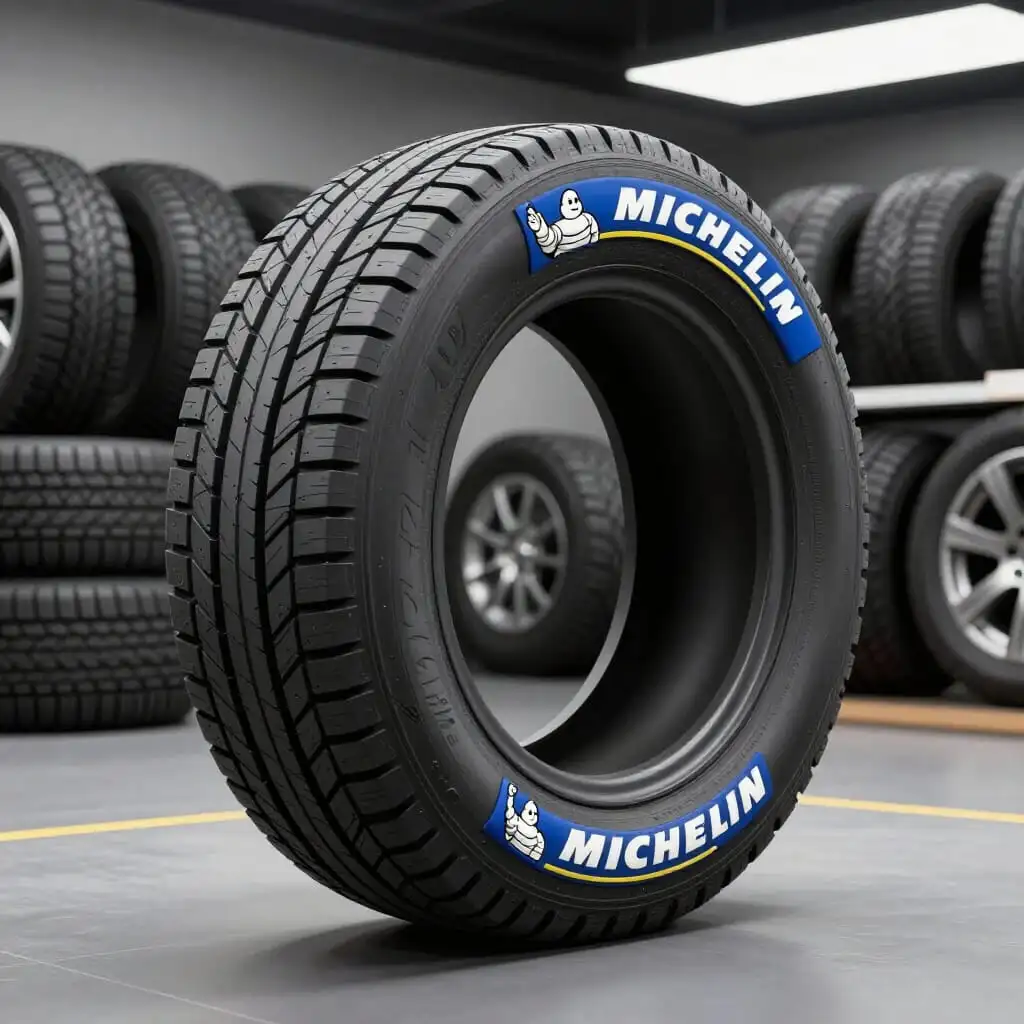 Pneus Michelin et Bibendum illustrant l'histoire et la gamme de pneus Michelin