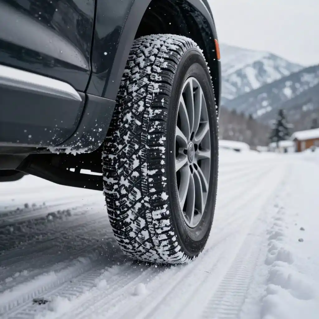 Pneu hiver automobile sur route enneigée